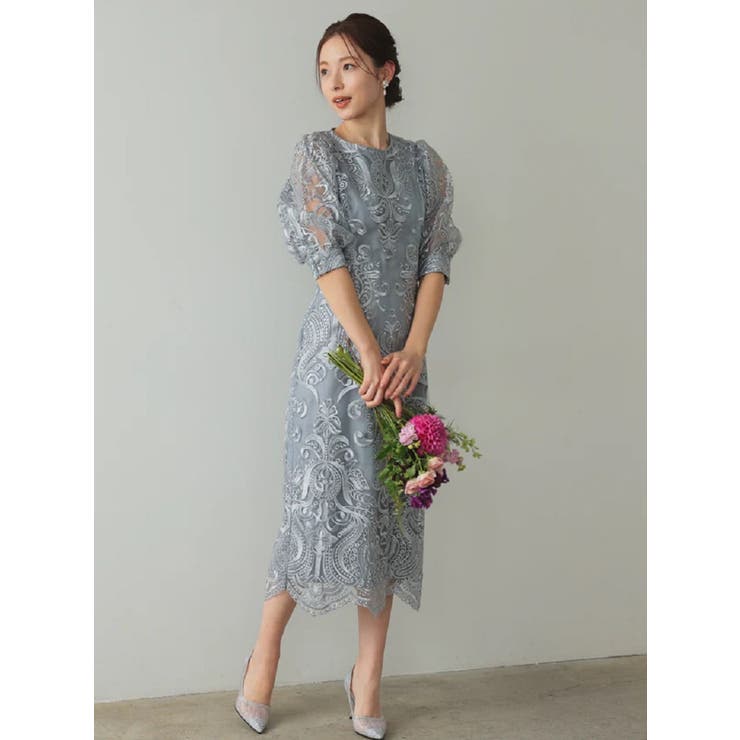刺繍レースバックリボン結婚式パーティードレス[品番