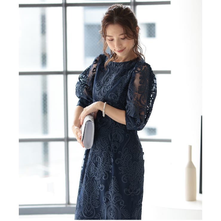 ネイビー | 刺繍レースバックリボン結婚式パーティードレス | PREFERIR