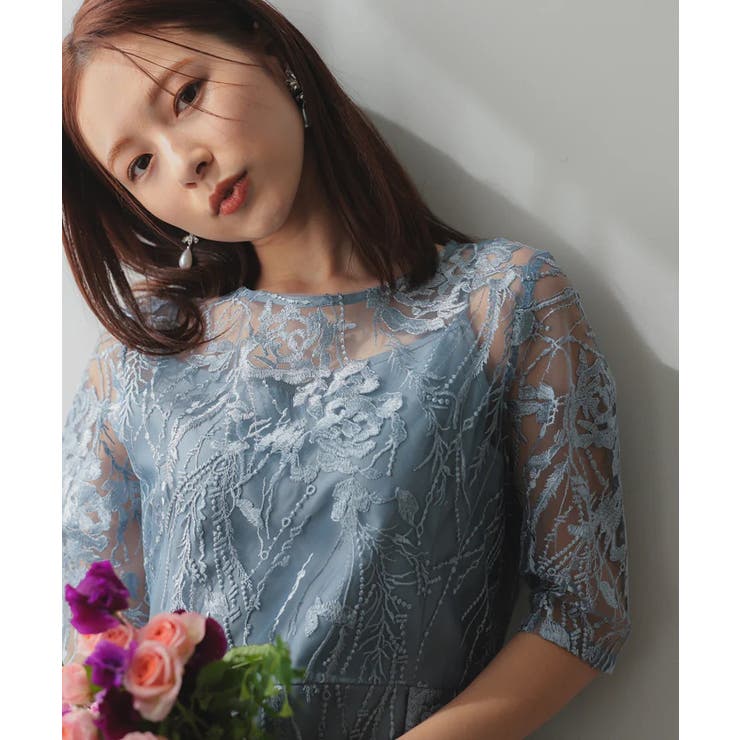 ブルー | シアーレース結婚式パーティードレス | PREFERIR