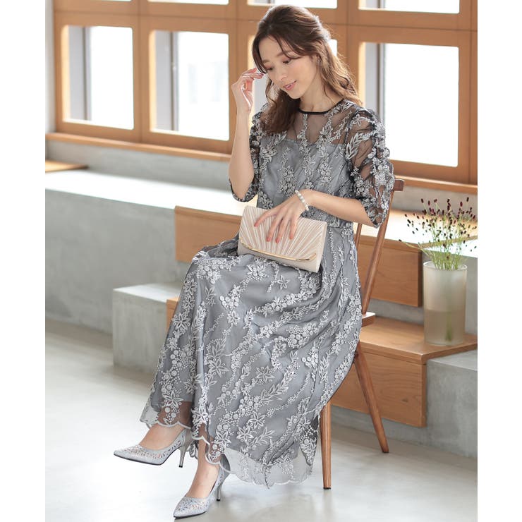 【美品】バックリボン チュール刺繍レース 結婚式 オケージョン パーティードレス セール】バックリボン チュール刺繍レース 結婚式 オケージョン