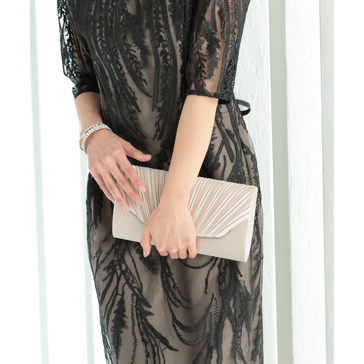 3WAYビジュー付きサテンプリーツパーティークラッチバッグ | PREFERIR | 詳細画像2 