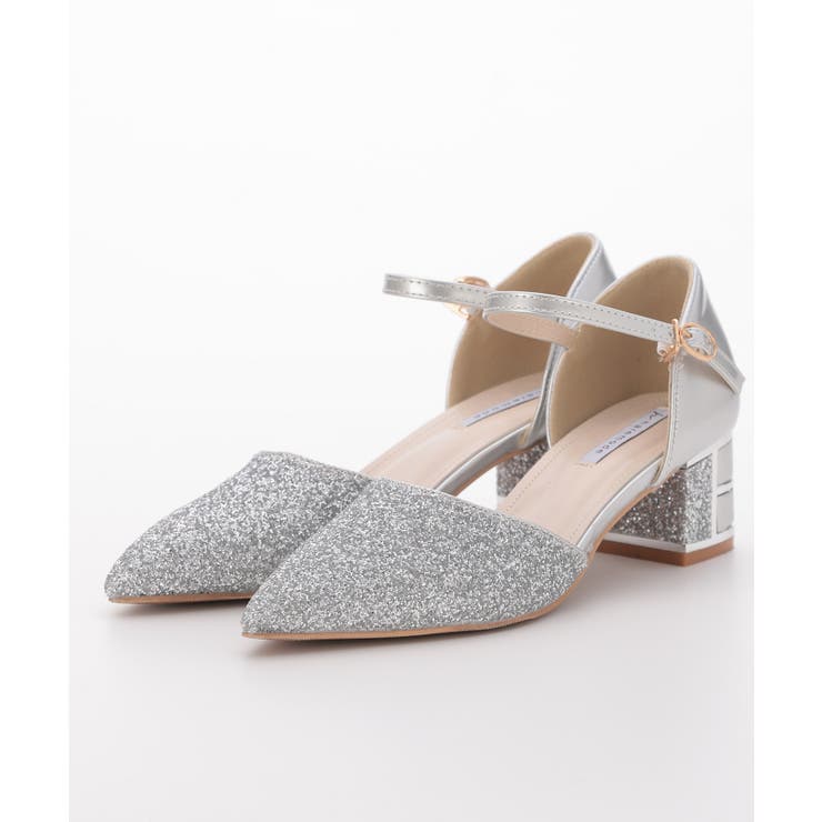 シルバー | グリッターチャンキーヒールパンプス | PREFERIR