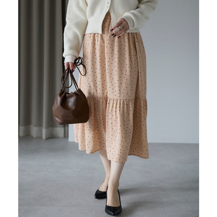 ベージュ | ドット柄ティアードスカート | PREFERIR