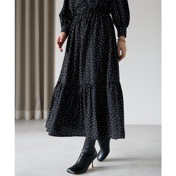 ブラック | ドット柄ティアードスカート | PREFERIR