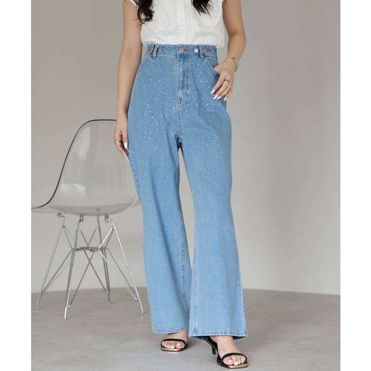 ブルー | ラインストーン付きデニムパンツ | PREFERIR