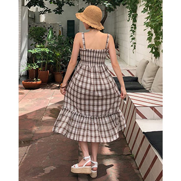 チェックパターンキャミソールワンピース ロングワンピ デコルテ