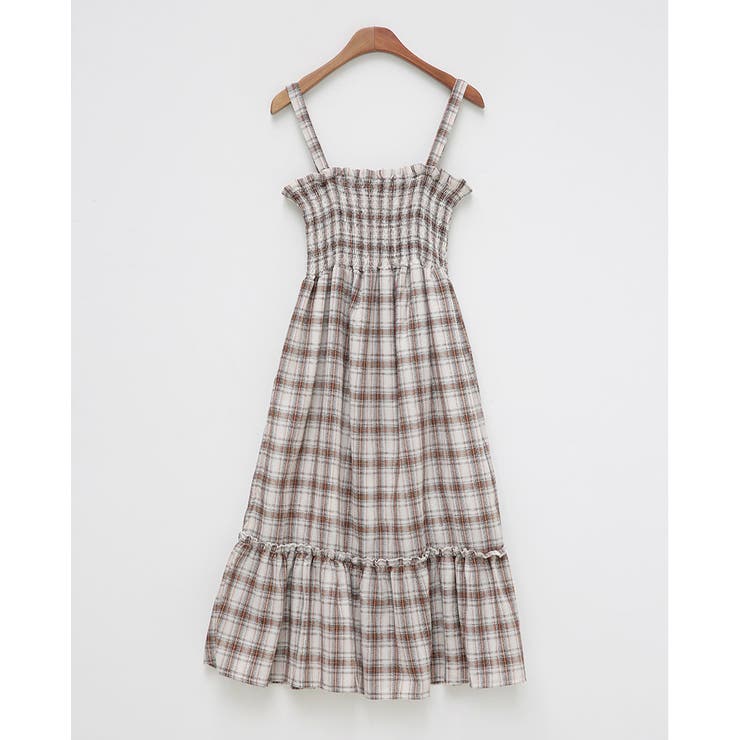 チェックパターンキャミソールワンピース ロングワンピ デコルテ