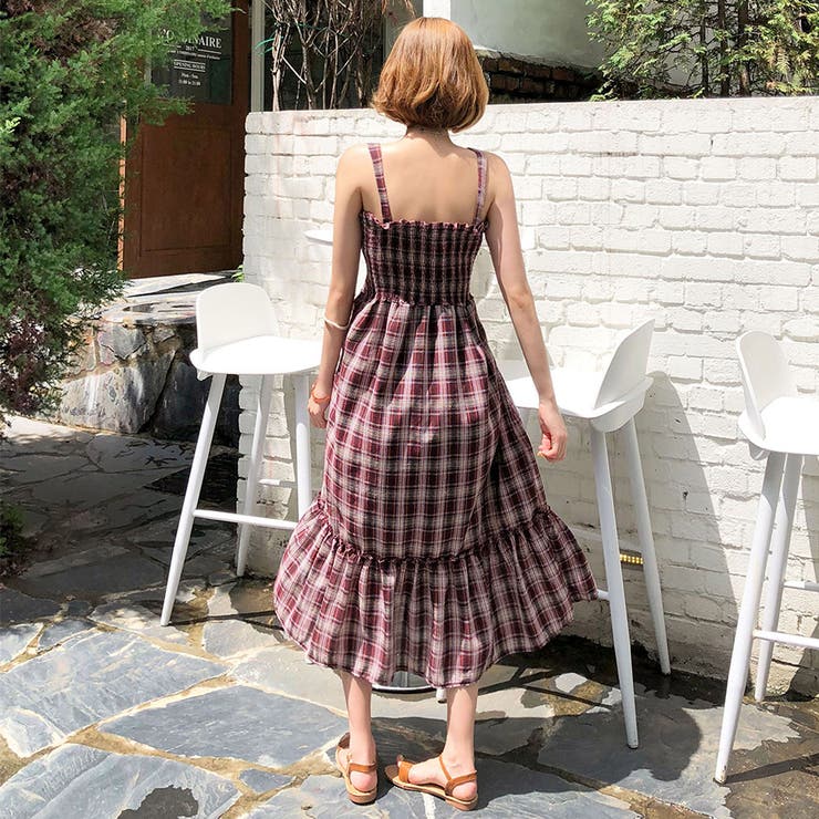 チェックパターンキャミソールワンピース ロングワンピ デコルテ