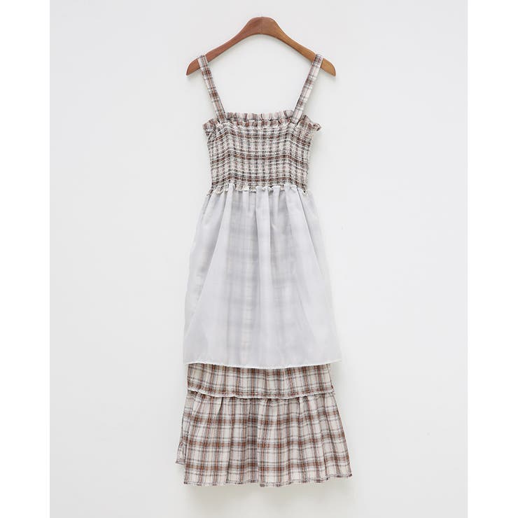 チェックパターンキャミソールワンピース ロングワンピ デコルテ