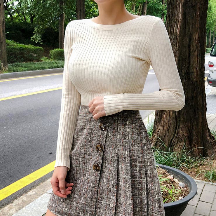 サブリナネックロングニット 長袖 縦ストライプ編み[品番 サブリナネックロングニット 長袖 縦ストライプ編み[品番