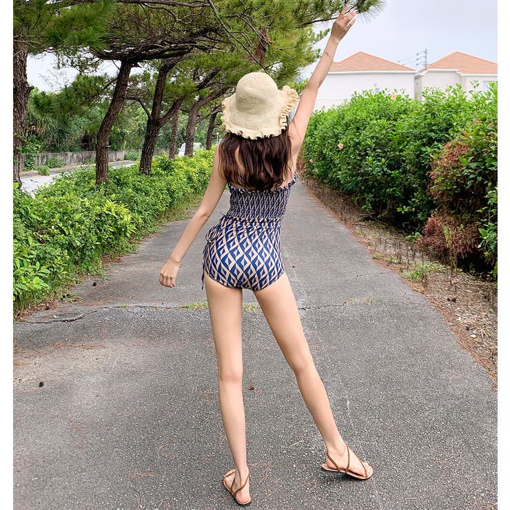 幾何学模様のチェックワンピース 水着 ウエストマーク | PREMIUM K | 詳細画像12 