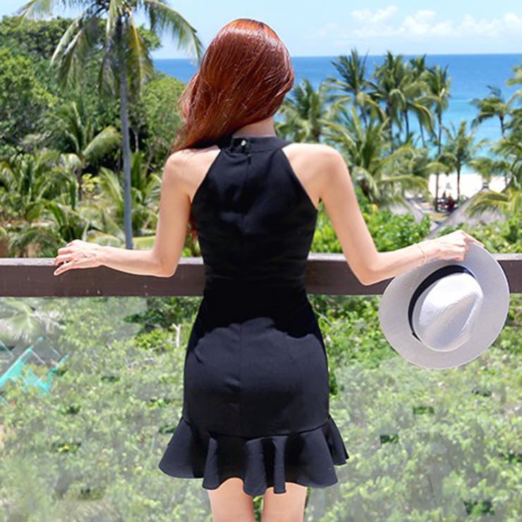 ワンピ ホルターネック バックレス スリムドレス ミディ丈 黒