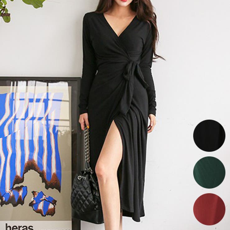 Vネックラップロングワンピース 深い胸元 デコルテ[品番