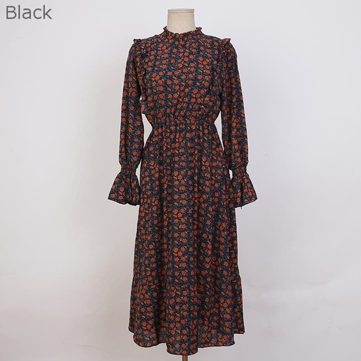 レトロフラワーロングワンピース 花柄 ヴィンテージテイスト[品番