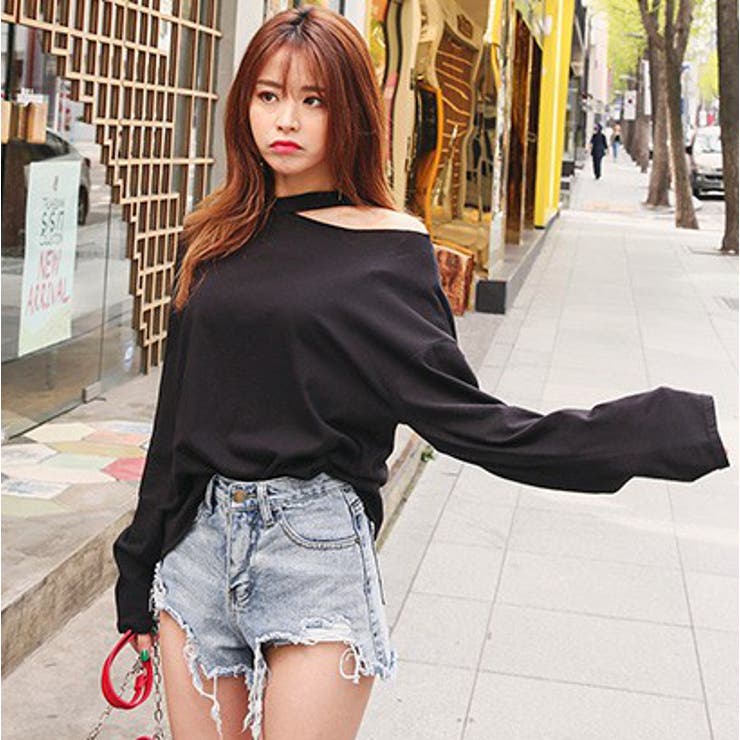 【未使用】HER. オフショルダーボリュームスリーブカットトップス black 2color 】オフショルダーショートスウェットライクトップス