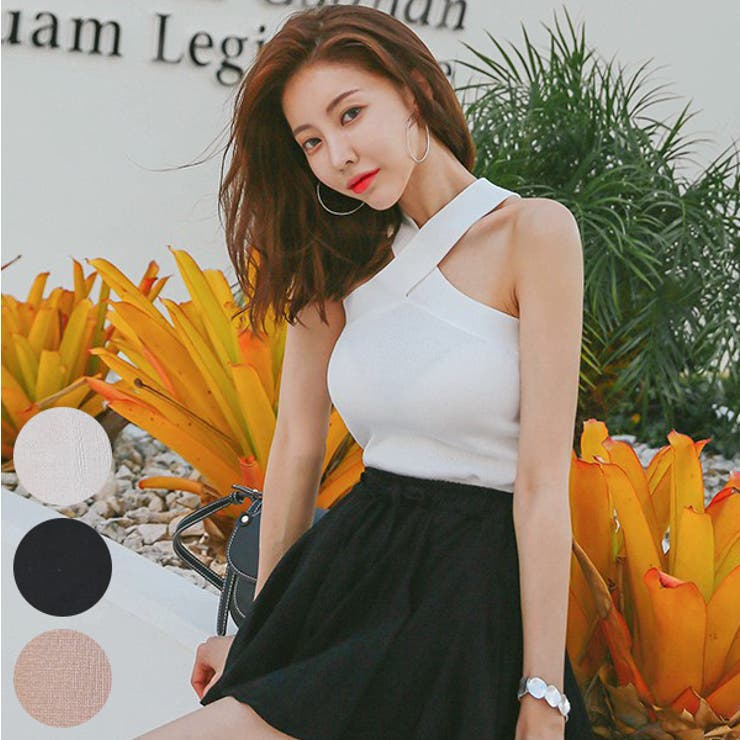 クロスホルターネックキャミソール ノースリーブ タンクトップ[品番