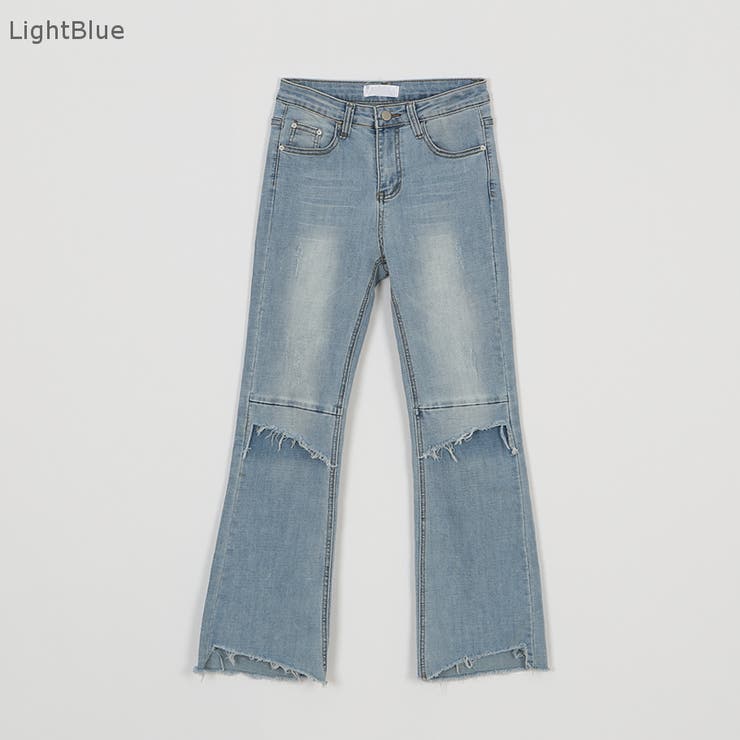 ニースイッチングブーツカットデニムパンツ ダメージ加工 切りっ