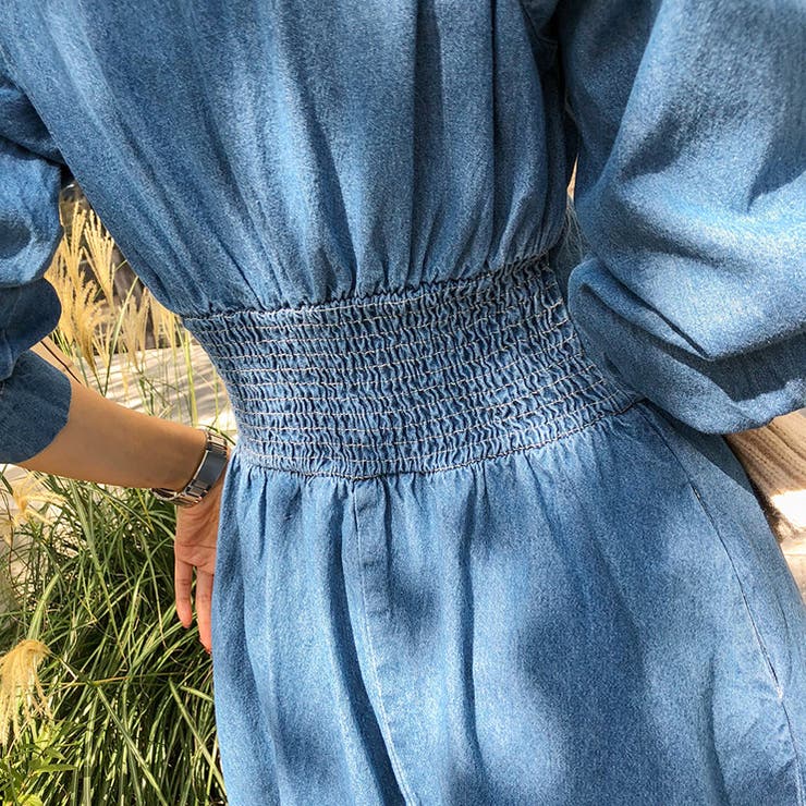 Aラインマキシデニムワンピース ワンピース ハイウエスト[品番