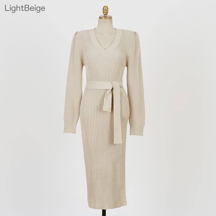 ウエストベルトリブニットワンピース Vネック ニット[品番