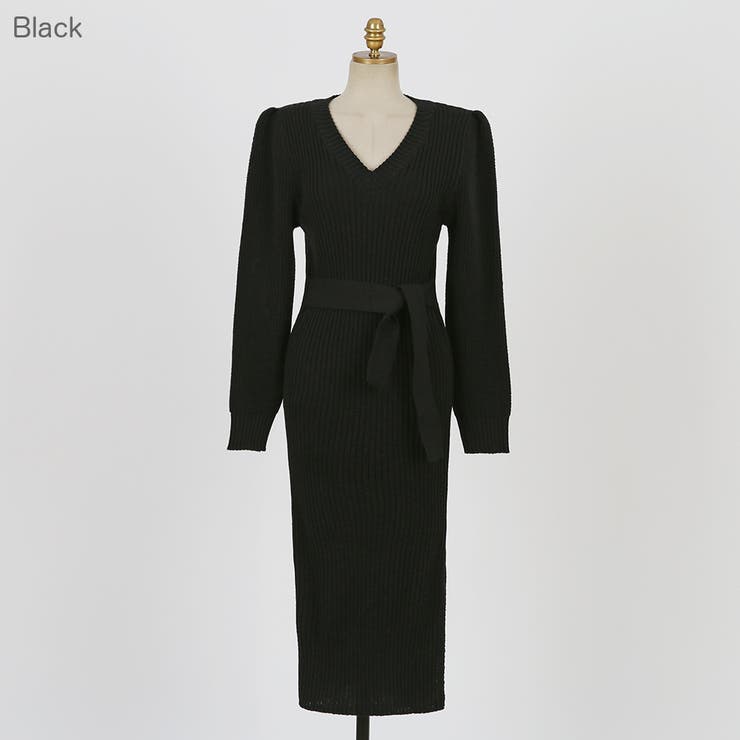 ウエストベルトリブニットワンピース Vネック ニット[品番