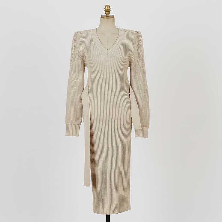 ウエストベルトリブニットワンピース Vネック ニット[品番