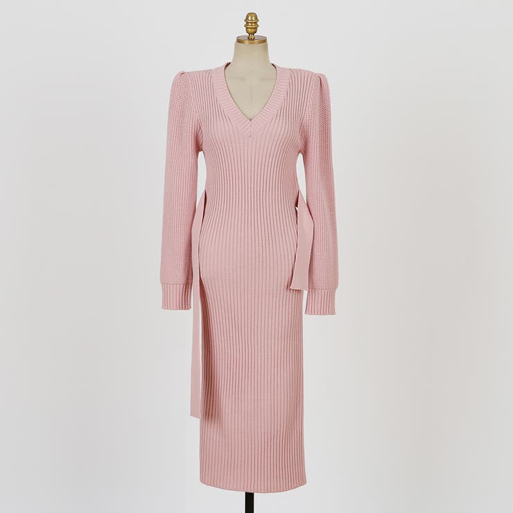 ウエストベルトリブニットワンピース Vネック ニット[品番