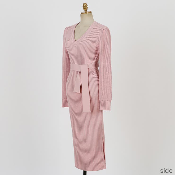 ウエストベルトリブニットワンピース Vネック ニット[品番