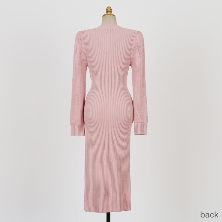 ウエストベルトリブニットワンピース Vネック ニット[品番