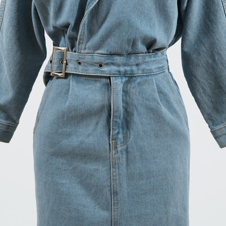ベルトドッキングデニムワンピース テーラードカラー Vネッック | PREMIUM K | 詳細画像15 