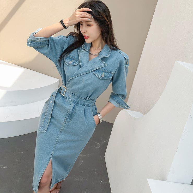 ベルトドッキングデニムワンピース テーラードカラー Vネッック | PREMIUM K | 詳細画像8 