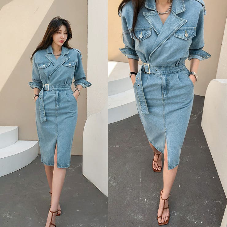 ベルトドッキングデニムワンピース テーラードカラー Vネッック | PREMIUM K | 詳細画像9 