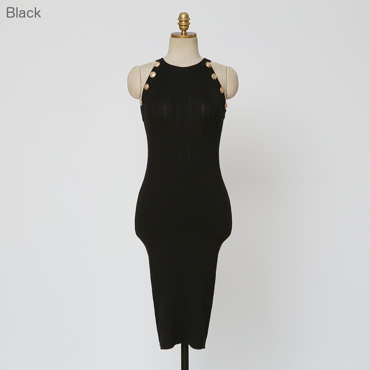 Black | ホルターネックボタンワンピース 飾りボタン フェイク | PREMIUM K