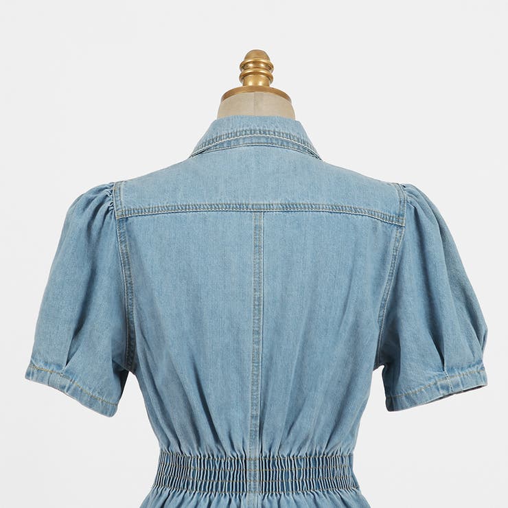 フロントボタンデニムワンピース ミニワンピース パフスリーブ