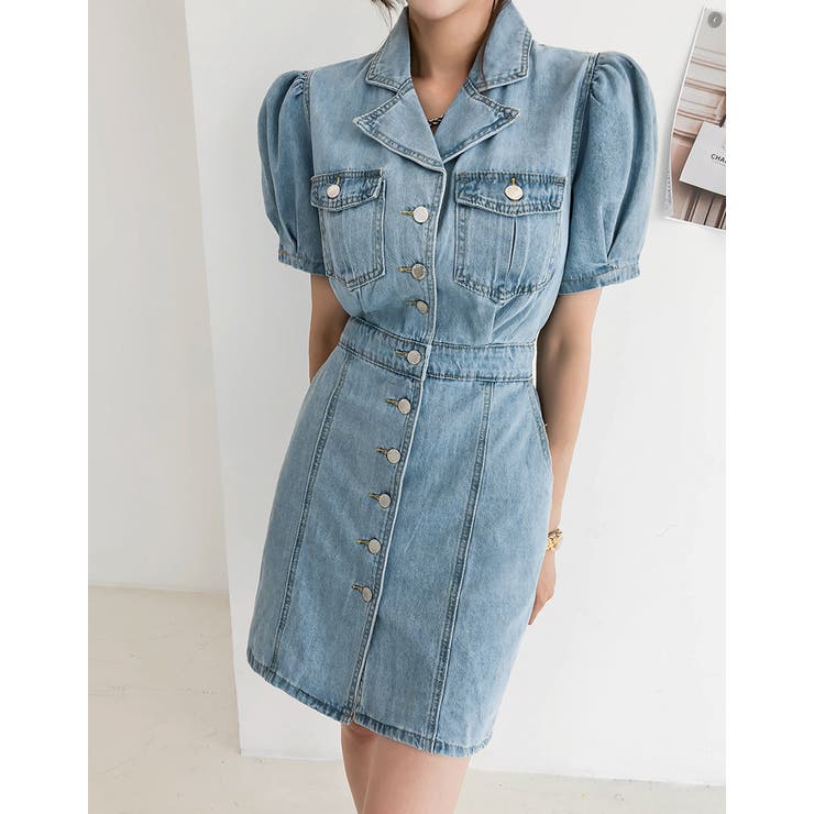 フロントボタンデニムワンピース ミニワンピース パフスリーブ