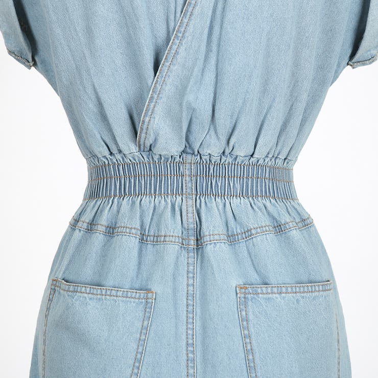【 】Jeans スリムフィット デニム ワンピース ♪ バックVネックデニムワンピース スリムフィット 後ろゴム