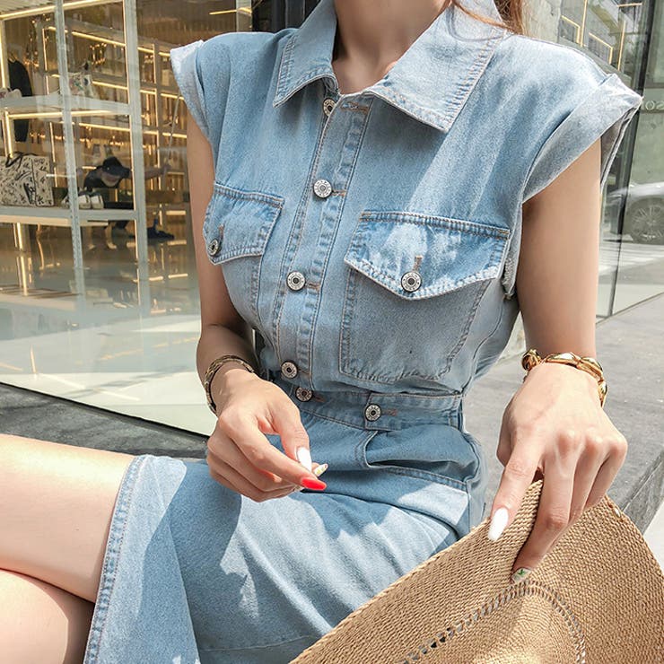 新作 Klen Jeans デニム ウエストリボン ワンピース バックVネックデニムワンピース スリムフィット 後ろゴム