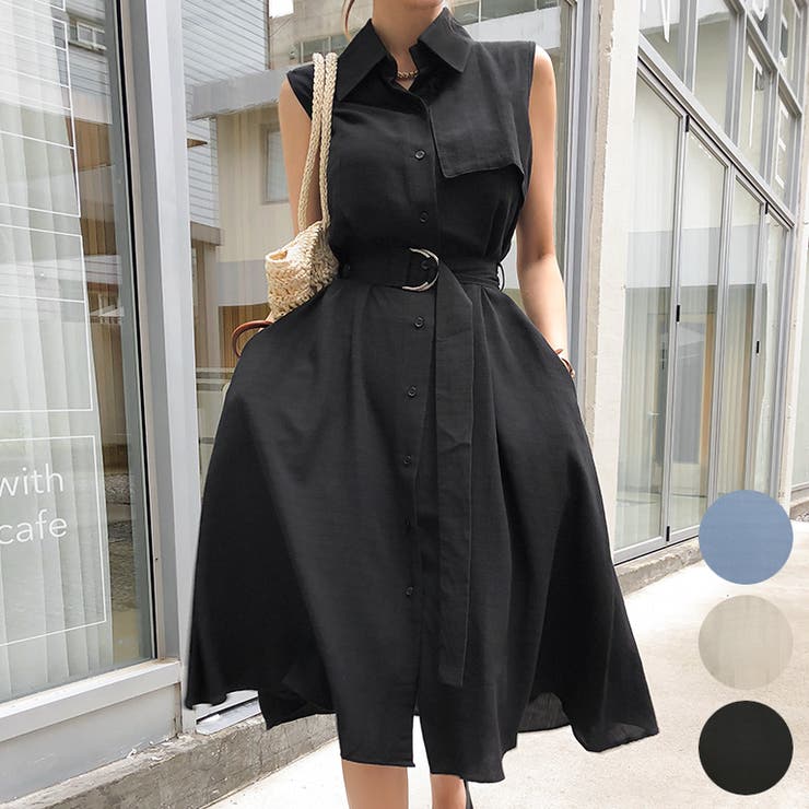 Aラインベルトワンピース フレア ロングワンピース[品番