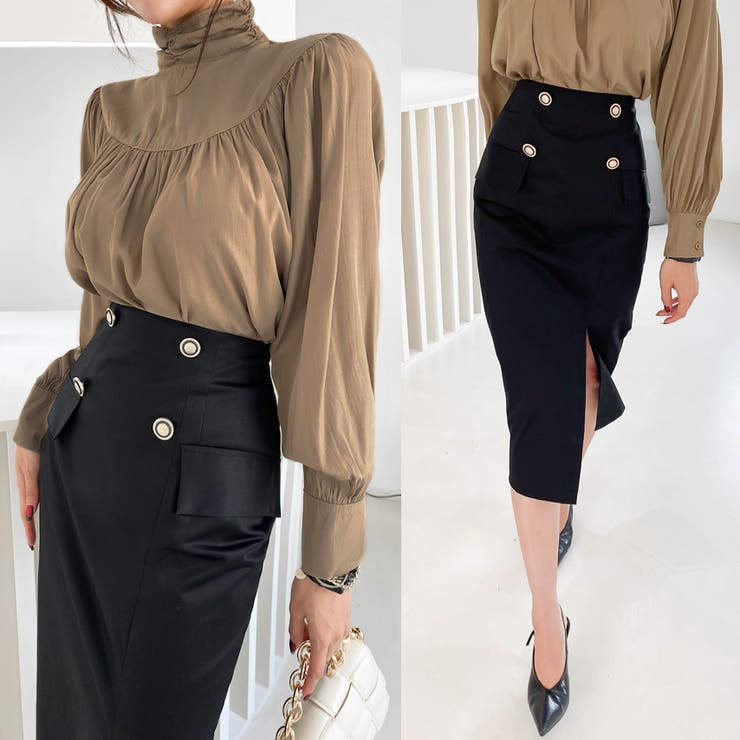 ダブルボタンスリットスカート フェイクボタン フェイクポケット ダブルボタンスリットスカート フェイクボタン フェイクポケット