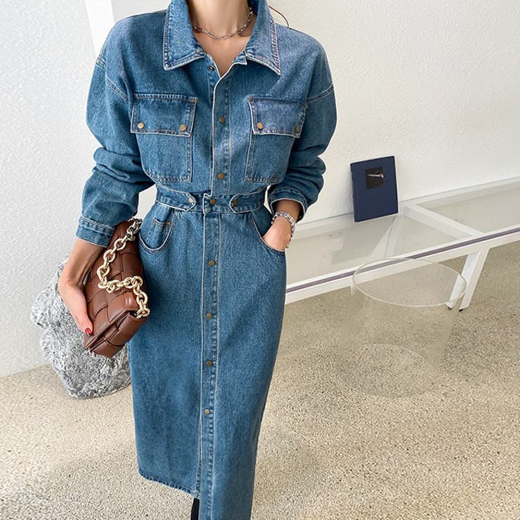 センターボタンデニムワンピース ウエストマーク スリット[品番