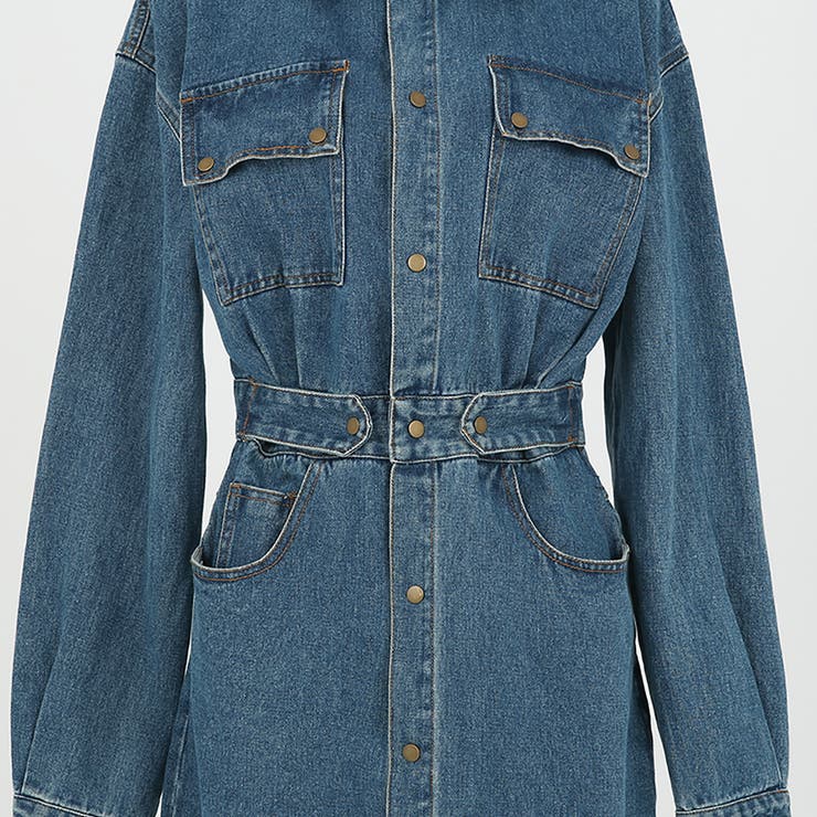 センターボタンデニムワンピース ウエストマーク スリット[品番