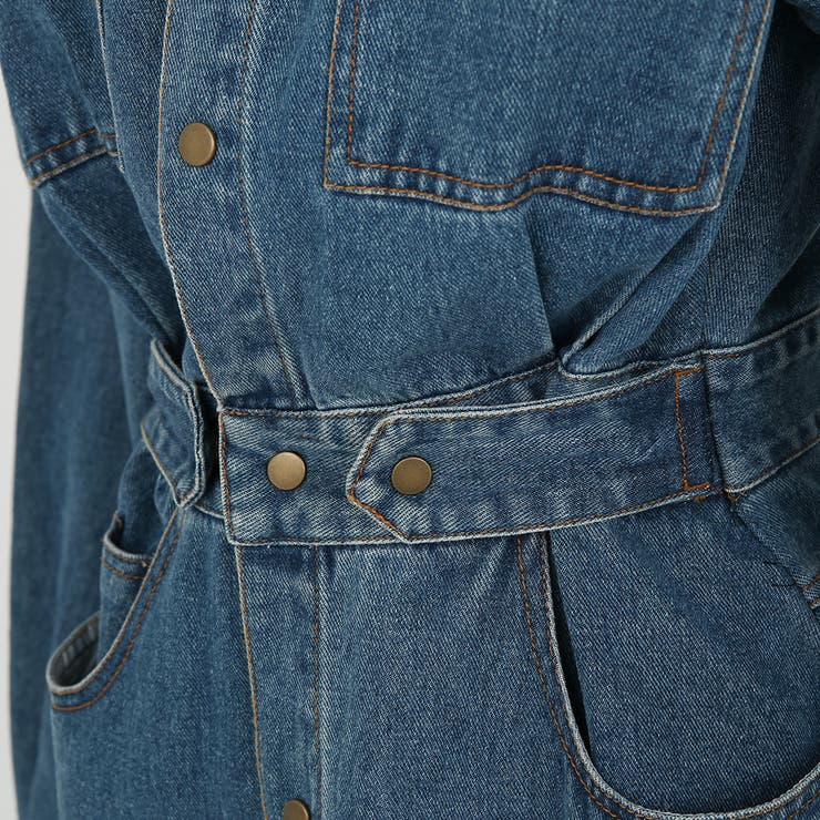 センターボタンデニムワンピース ウエストマーク スリット[品番
