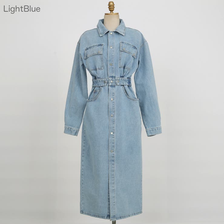 センターボタンデニムワンピース ウエストマーク スリット[品番