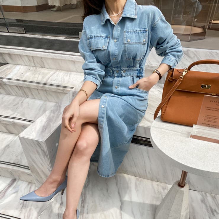 センターボタンデニムワンピース ウエストマーク スリット[品番 センターボタンデニムワンピース ウエストマーク スリット[品番