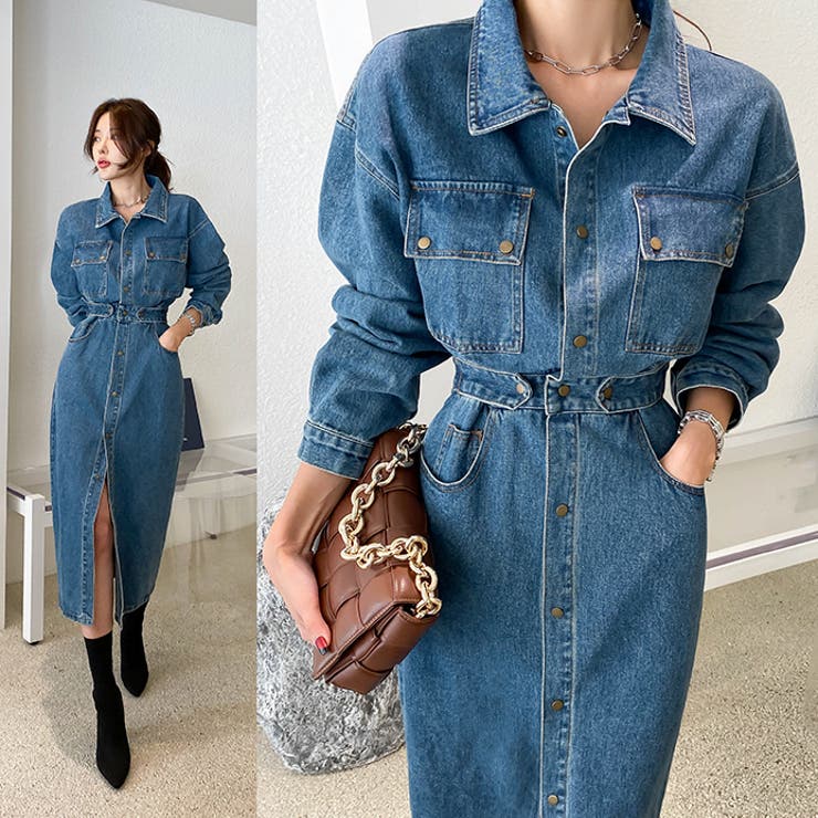 センターボタンデニムワンピース ウエストマーク スリット[品番