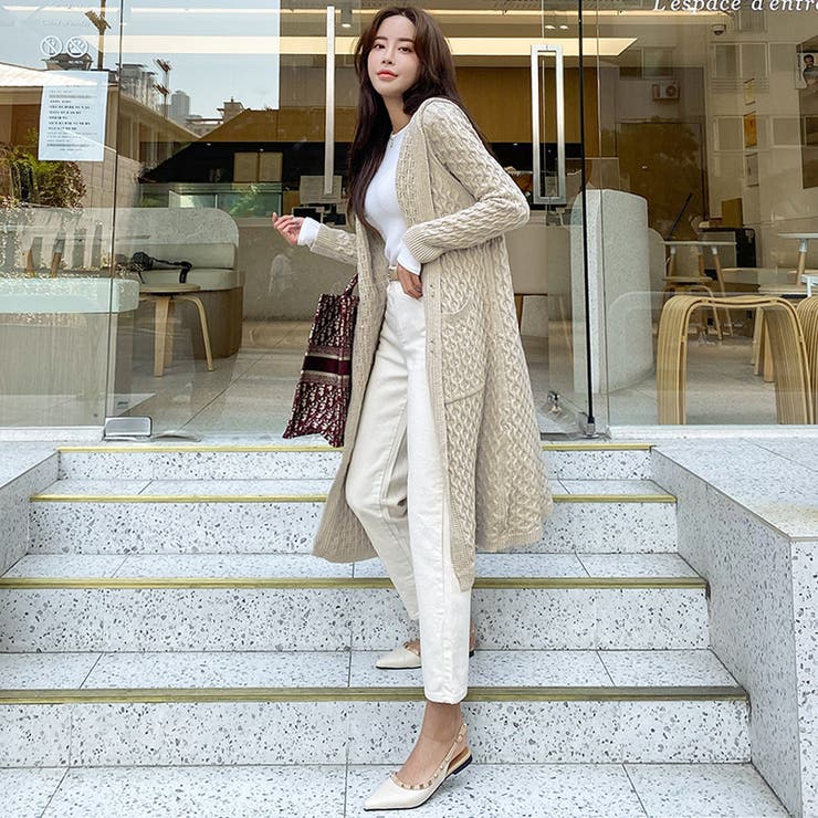 フリンジ付きフードカーディガン ベージュ フードロングニットカーディガン パーカー フーディー[品番