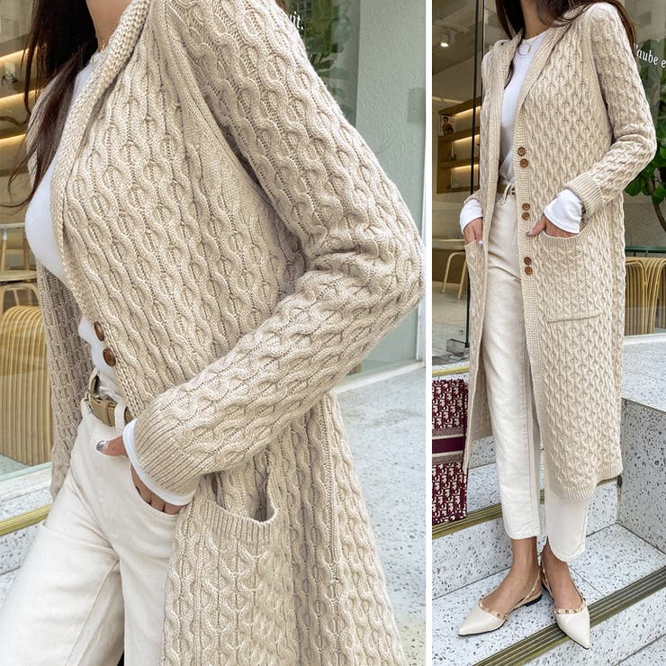 フードロングニットカーディガン パーカー フーディー[品番