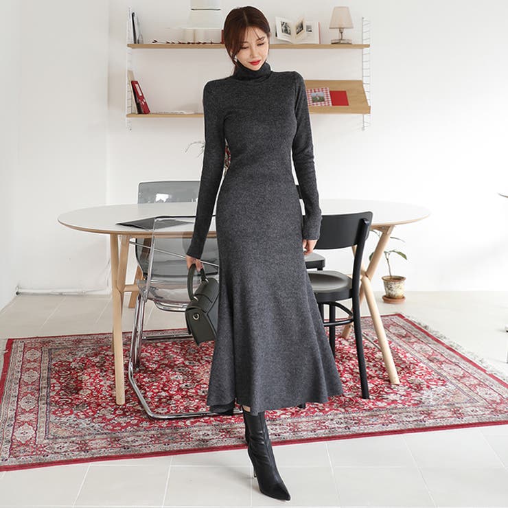 マキシマーメイドワンピース 起毛生地 ハイネック[品番：AD000012678