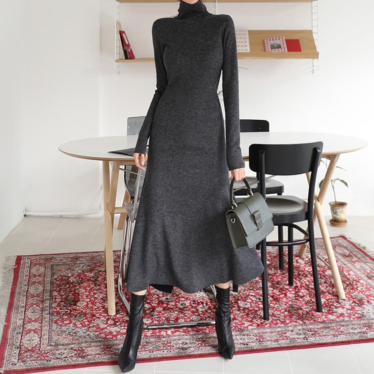 マキシマーメイドワンピース 起毛生地 ハイネック[品番：AD000012678