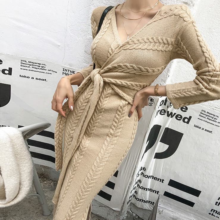 ケーブル編みのニットラップワンピース スリムフィット Vネック 品番 Ad Premium K プレミアムケー のレディースファッション通販 Shoplist ショップリスト