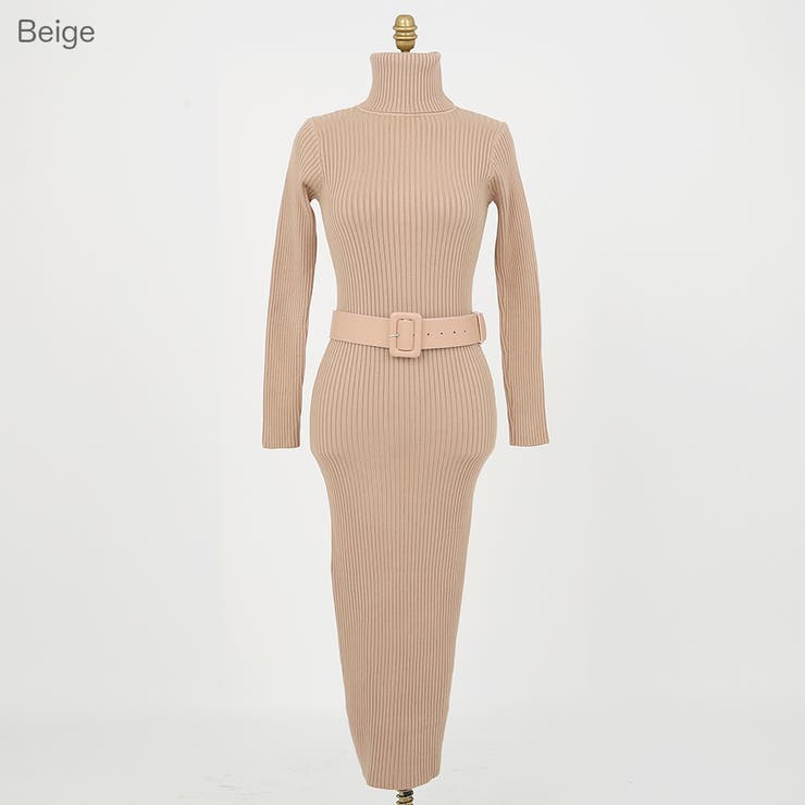 Beige | ベルトセットニットロングワンピース タートルネック ハイネック | PREMIUM K